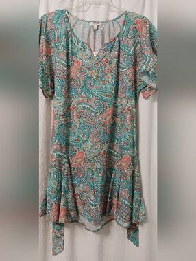 NWT Umgee Boho Paisley Short Sleeve Tunic Top - Teal & Coral Size L